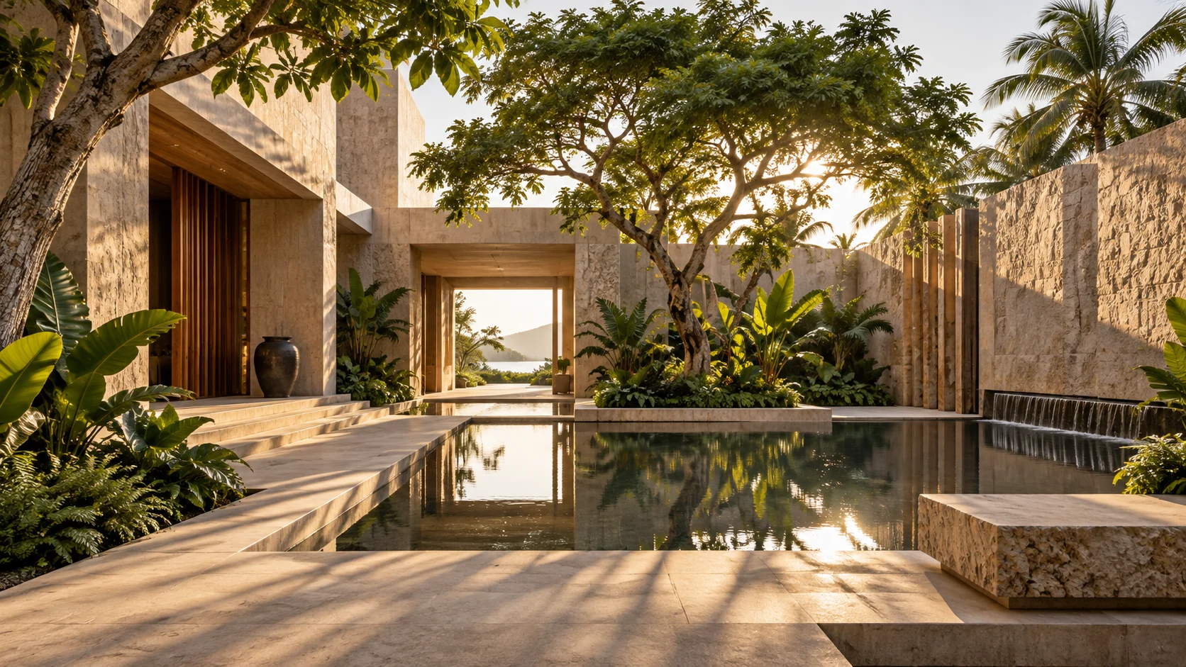 Generated conceptual tropical courtyard with natural stone, greenery and a reflection pool