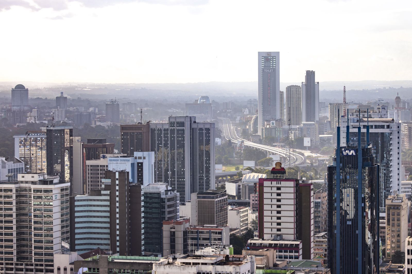 Nairobi skyline with commercial buildings and elevated roads