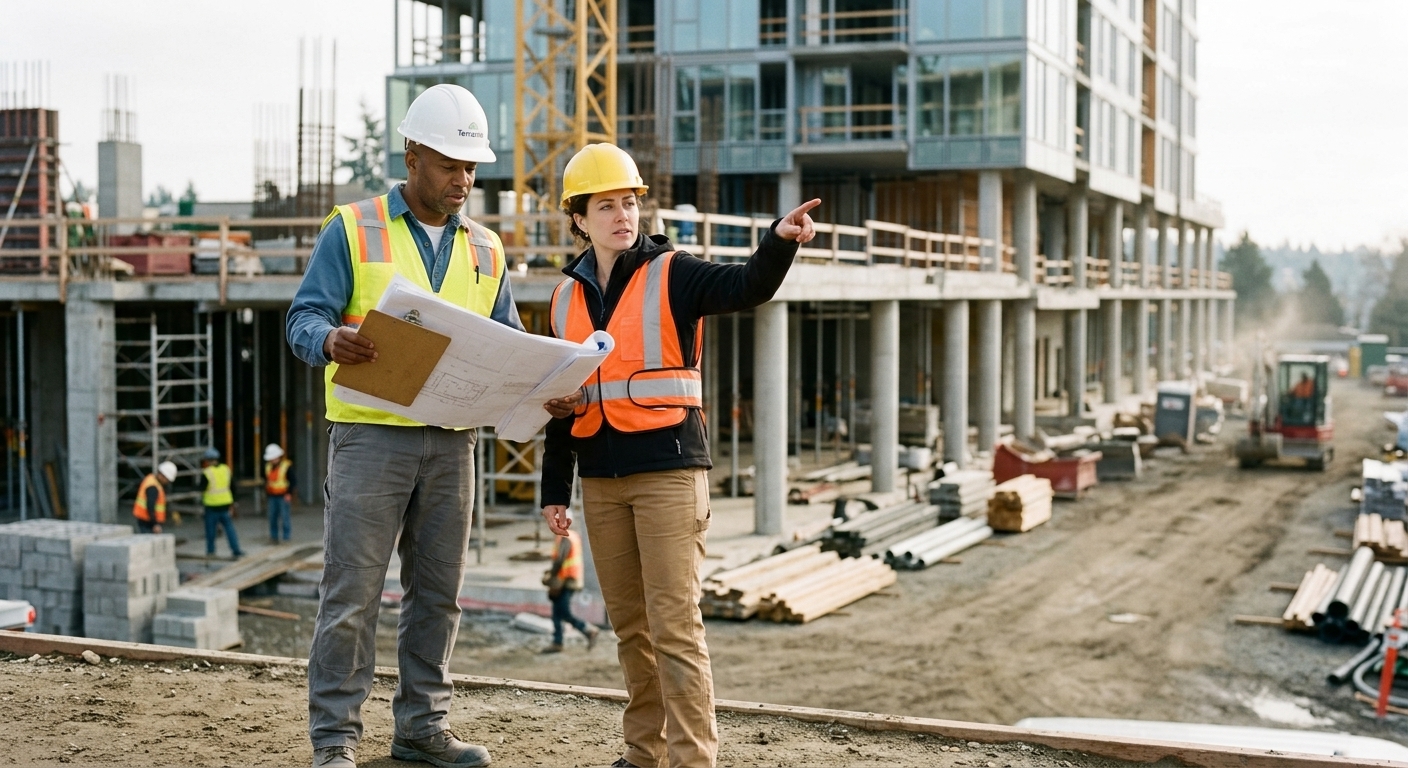 Construction professionals reviewing plans at a building site; illustrative partnership imagery