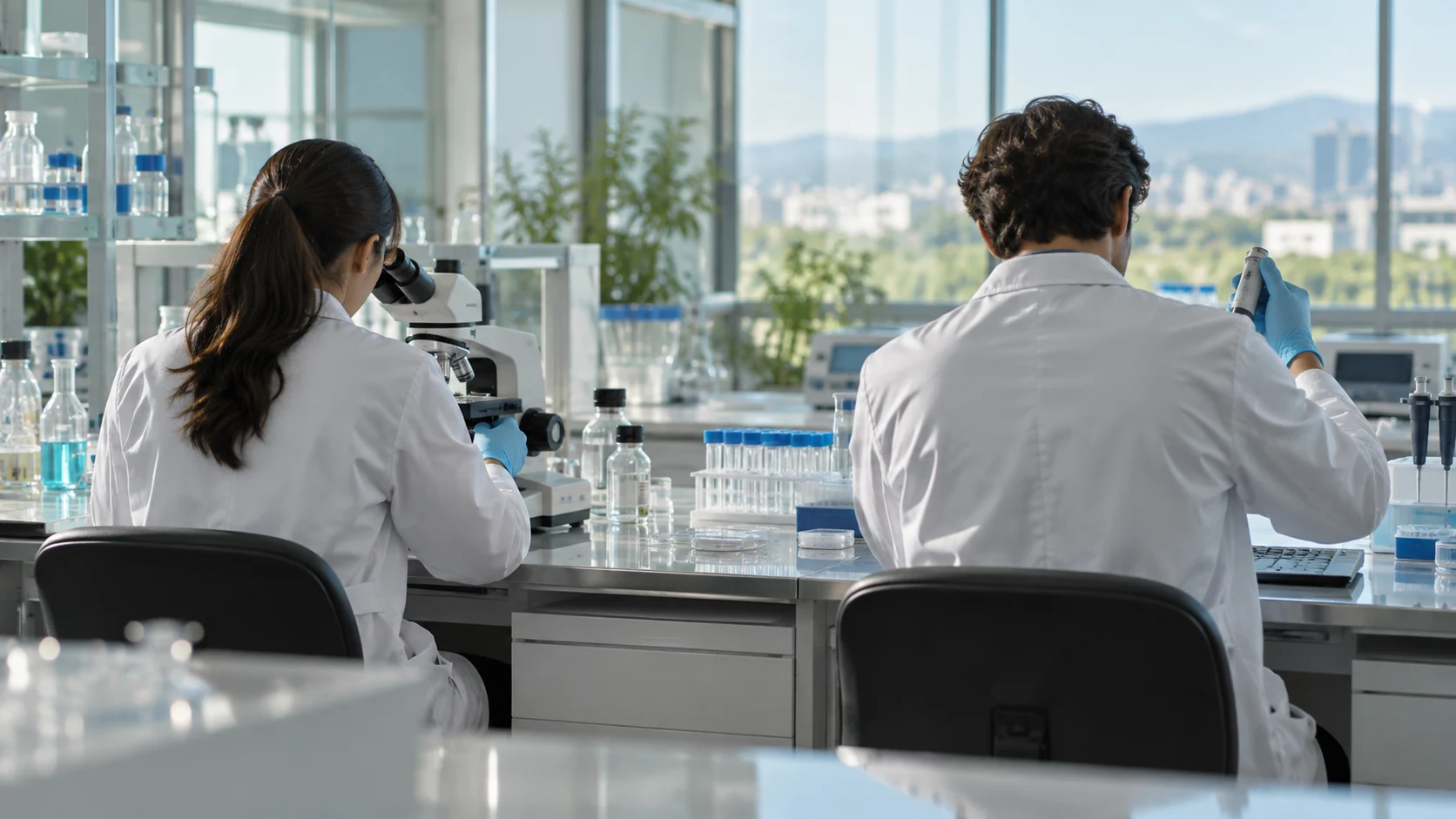 Two researchers working in a bright laboratory, viewed from behind with faces hidden