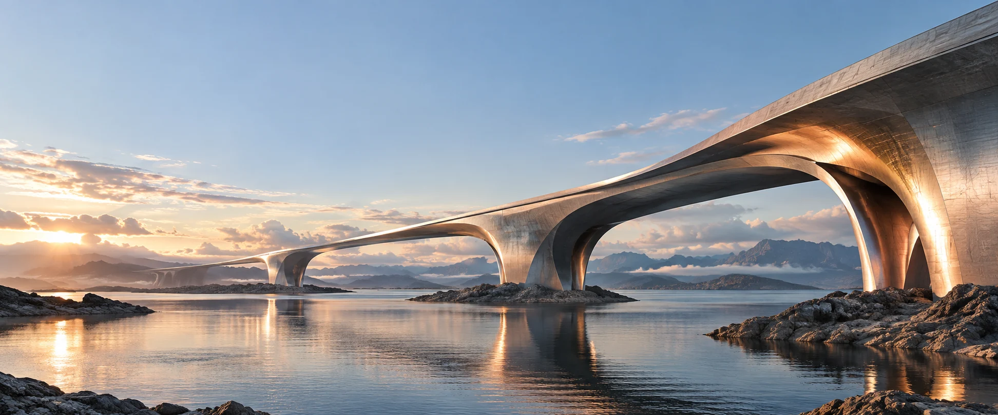 Conceptual titanium structure across a calm waterfront